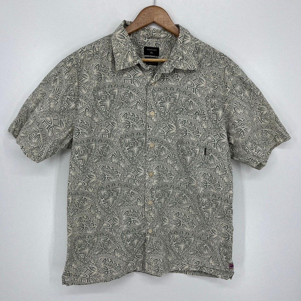 Quiksilver Mens Grey White Tribal Geometric Cotton Button Down Shirt
